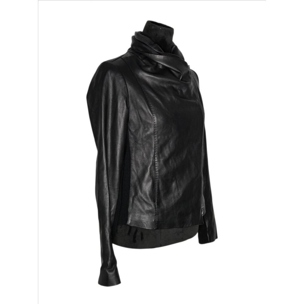 Vince Black Lamb Leather Asymmetrical Scuba Moto Jacket Ribbed Knit Panels Sz M - Picture 3 of 8